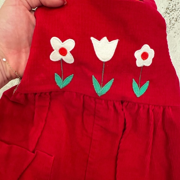 Vintage Girl’s Corduroy Red Flower Appliqué Overall Jumpsuit Romper - Picture 3 of 7